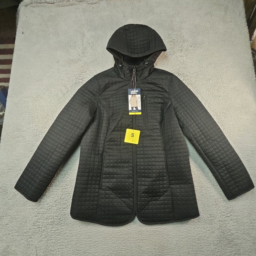 Lands End Jacket Womens S Black Quilted Hooded Full Zip Pockets Mock Neck
